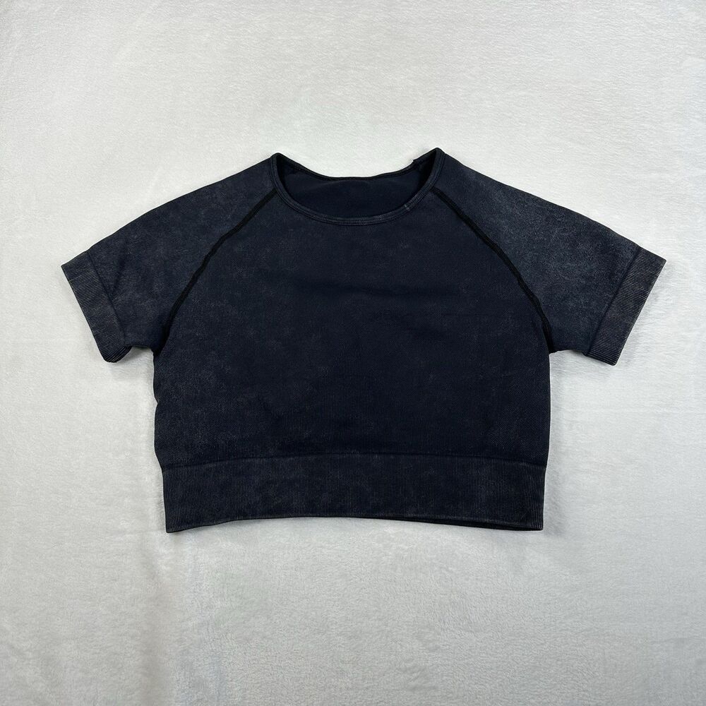 Womens Seamless Crop Top Blue Gray Acid Wash Short Sleeve Athleisure‎ Tee